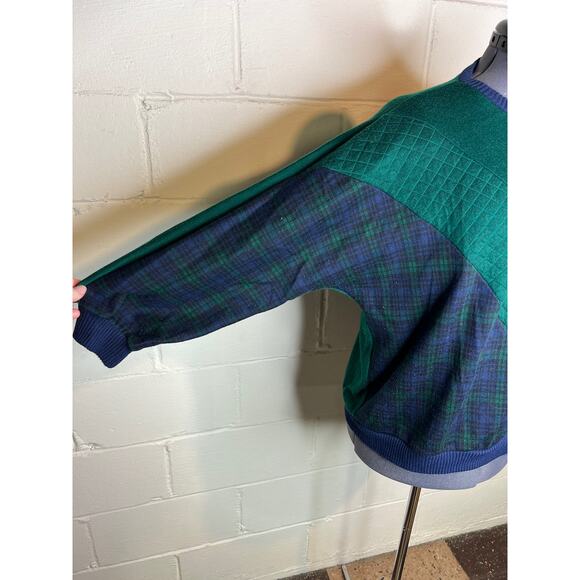 sweatshirt plaid chevron quilted green navy shoulder pads 1980s - Picture 5 of 11